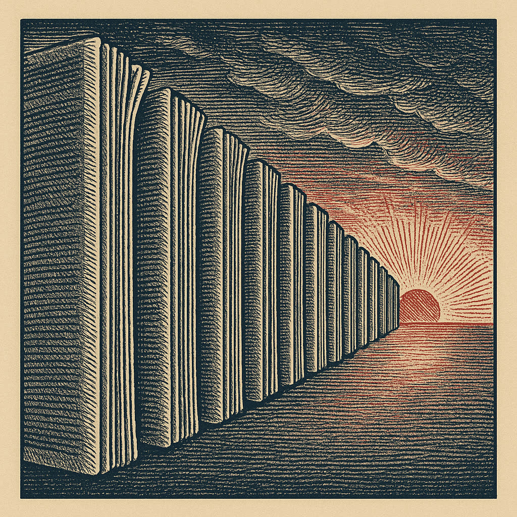 An engraved illustration of folded newspaper columns receding like a colonnade against a sunrise.
