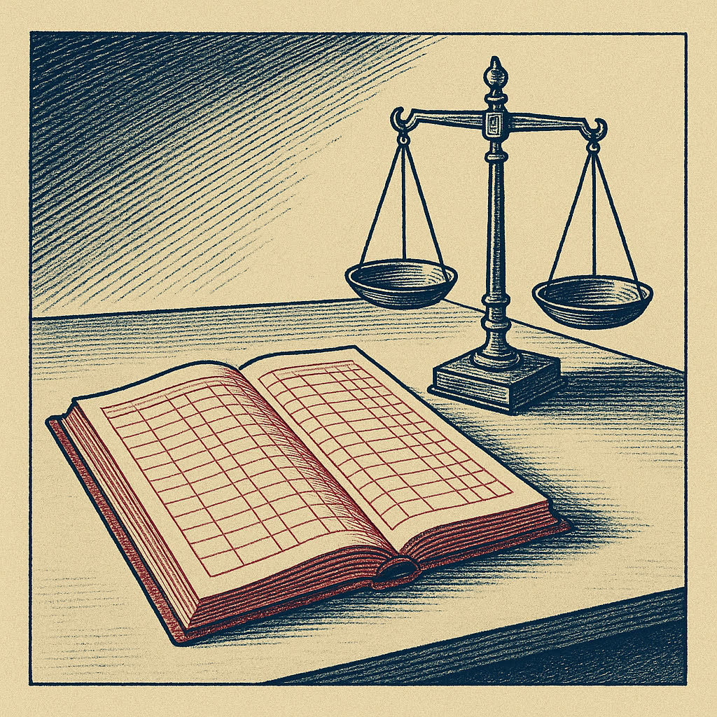 An engraved illustration of an open ruled ledger beside a set of brass weighing scales.
