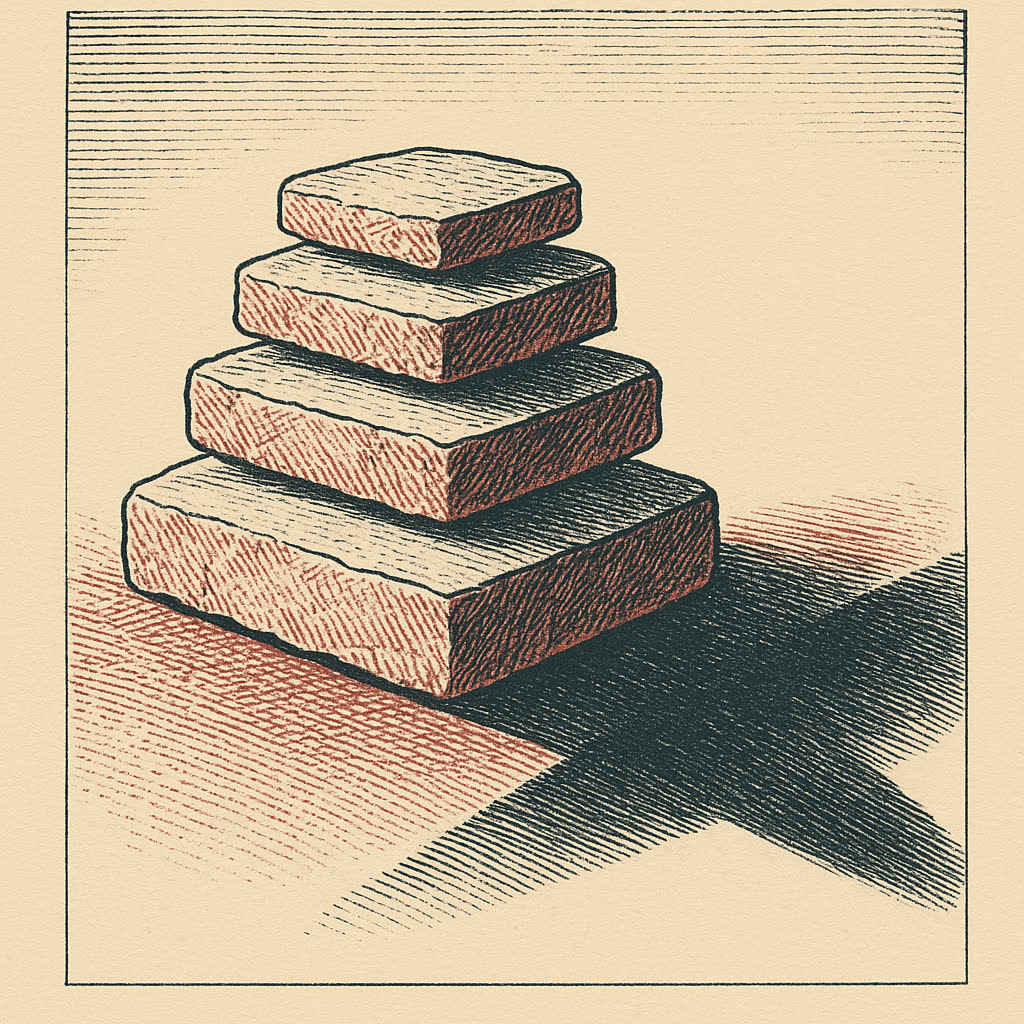 An engraved illustration of five flat stone tablets stacked by decreasing size.