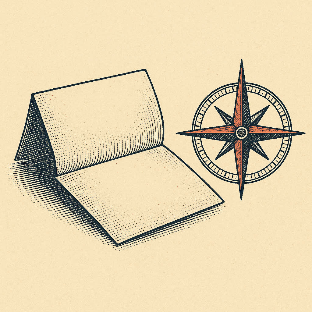 An engraved illustration of a folded sheet of paper beside a compass rose.
